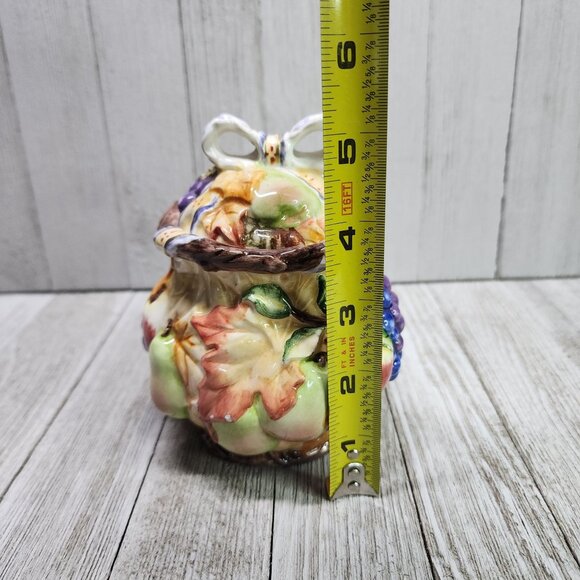 Vintage Painted Jam Jar Fruits and Fall Leaves Design Ceramic with Lid 5.5" Tall - Picture 7 of 8